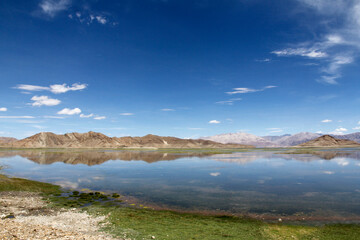 Beautiful clear lake with mountain reflection under blue sky