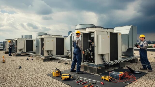 Three technicians in hard hats and overalls meticulously perform maintenance on multiple rooftop HVAC units under dramatic cloudy sky with an urban skyline in the distance Various tools are neatly arr