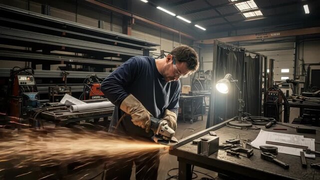 craftsman in safety gear grinds metal beam with an angle grinder generating bright sparks in an industrial workshop Metal racks welding machines tools and blueprints surround him