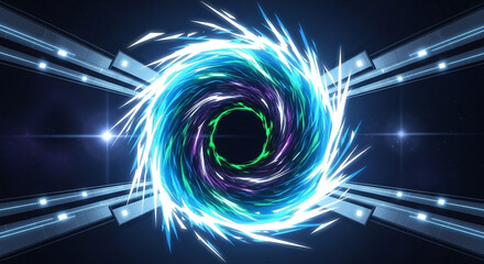 Abstract blue vortex portal background with light effects and futuristic design for video games and animations