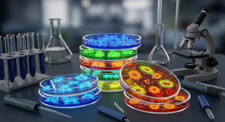 Science lab research petri dishes with bacteria and virus cells for medical research and development