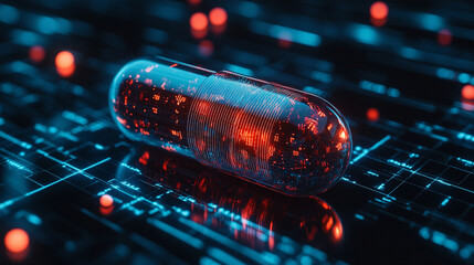 Digital pill representing AI-driven precision medicine on a minimalistic network background, with bright tones and soft blurred space for a clean futuristic medical aesthetic