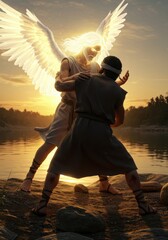 Jacob wrestling with a radiant, winged angel by the Jabbok river at sunset