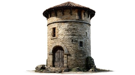 Round stone tower stands isolated against a white background, featuring an arched wooden door, small windows, and a tiled roof.