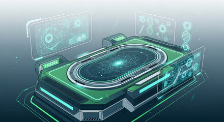 Futuristic science lab research station with holographic displays and advanced technology interface design