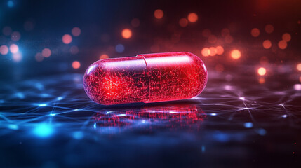 Digital pill representing AI-driven precision medicine on a minimalistic network background, with bright tones and soft blurred space for a clean futuristic medical aesthetic