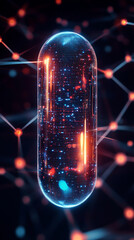 Digital pill representing AI-driven precision medicine on a minimalistic network background, with bright tones and soft blurred space for a clean futuristic medical aesthetic