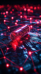 Digital pill representing AI-driven precision medicine on a minimalistic network background, with bright tones and soft blurred space for a clean futuristic medical aesthetic