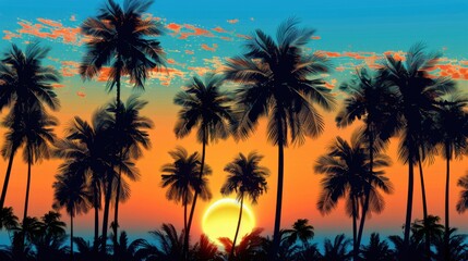 Obraz premium Tropical Hawaiian Paradise: Sunset Silhouettes, Palm Trees, and Beach Landscapes at Dusk