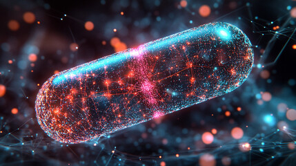 Digital pill representing AI-driven precision medicine on a minimalistic network background, with bright tones and soft blurred space for a clean futuristic medical aesthetic