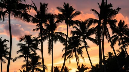 Obraz premium Tropical Hawaiian Paradise: Sunset Silhouettes, Palm Trees, and Beach Landscapes at Dusk