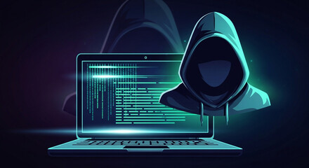 Cyber security hacker attack concept with hooded figure and laptop security threat protection