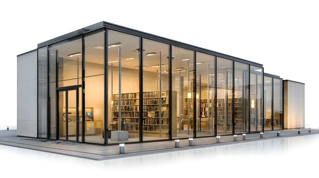 Contemporary architectural depiction of a modern structure with glass walls, showcasing interior bookshelves lit by warm ambient lighting and providing a view of an open entrance, creating a bright... - Powered by Adobe