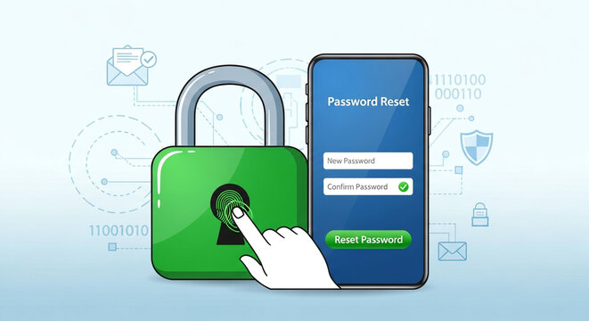 Password reset security concept with smartphone and padlock for data protection and account access recovery - Powered by Adobe