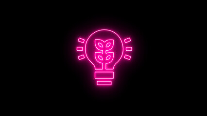Pink neon glowing lightbulb with a vibrant plant symbol inside, representing sustainable green energy, ecological innovations, and environmental awareness on a dark background