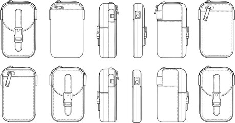 CAD drawing flat vector illustration of small pouch bag, technical line art design, zipper case accessory, front back side view © Asif's Creatives