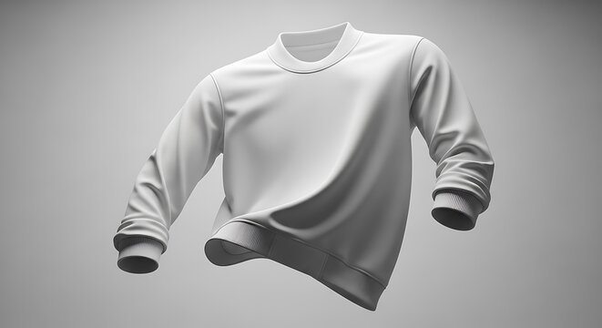 A blank, clean white crewneck sweatshirt or jumper floating dynamically in a minimalist studio setting, perfect for apparel design mockups.

