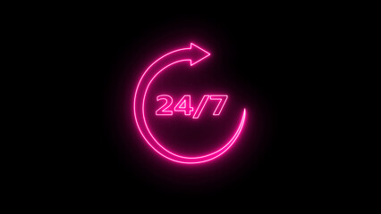 Fototapeta premium Pink neon 24/7 service icon with glowing arrow representing continuous business operations and constant availability on a dark background.