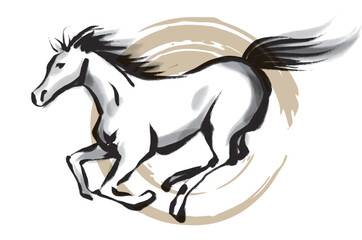 筆で描いた走る馬の白黒イラストと金の丸