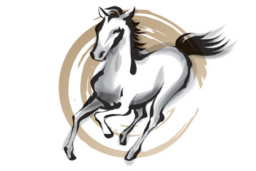 筆で描いた走る馬の白黒イラストと金の丸