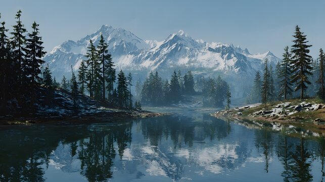 Tranquil alpine lake scene reflects snow-capped mountain peaks, surrounded by lush evergreen forests under a clear, pastel-toned sky, creating a serene and picturesque vista during a bright day.