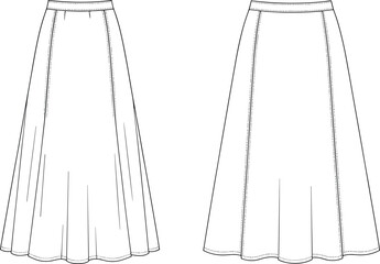 Technical fashion flat sketch A‑line midi skirt, vector CAD drawing, garment design illustration, sewing pattern template, apparel construction detail