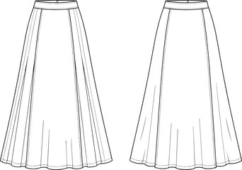 Technical fashion skirt design, flat sketch, CAD drawing, vector illustration, garment construction, sewing pattern, apparel template, clothing outline, fashion design