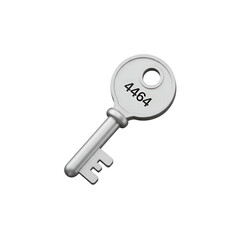 A silver key with the number 4464 engraved on it, isolated on white background