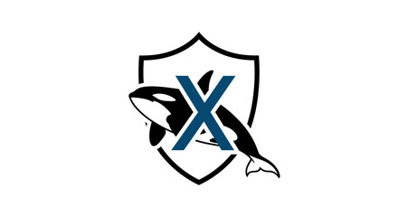 Bold logo design featuring an orca within a shield alongside a stylized letter X element