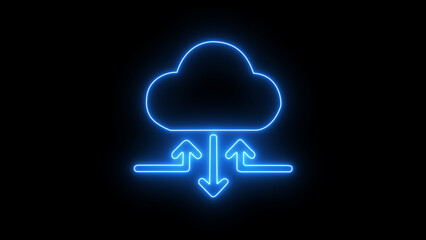 Bright blue neon glow outline cloud icon with up and down arrows symbolizing digital data transfer, internet storage, and modern cloud computing technology on a black background, vector