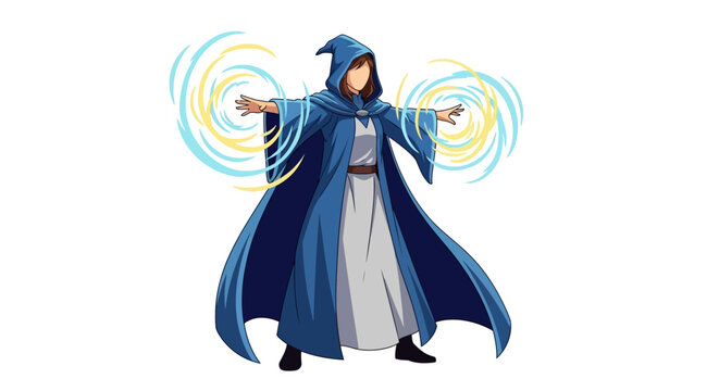 Fantasy illustration of a blue robed wizard conjuring swirling magical energy spells casting