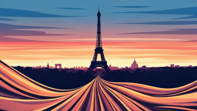 stylized cityscape at dusk features prominent tower silhouette An arc and domed building dot the skyline Abstract colorful flowing lines form path leading to the tower under vivid gradient sky