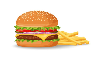 Delicious Hamburger with Fresh Ingredients and French Fries on a White Background