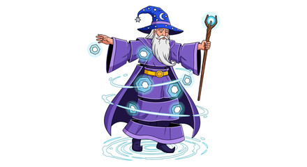 Cartoon wizard casting a spell with a staff creating a magical fantasy illustration