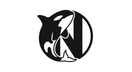 Abstract orca and the letter N forming a creative and unique monochrome logo design in black