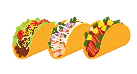 Delicious and Colorful Tacos Selection Displayed in a Row Cartoon Food Style Concept