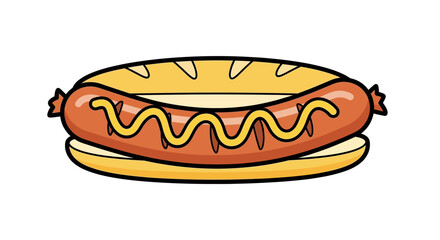 Cartoon hot dog with mustard on a bun, isolated on white background illustration