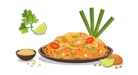 Delicious plate of Pad Thai with fresh toppings ready to be served and enjoyed