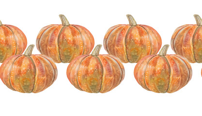 Watercolor seamless border with orange pumpkin on white background. October autumn vegetable raw food for sticker or halloween card. Hand-drawn rim for kitchen. Wallpaper and wrapping or textile