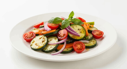 Healthy and Vibrant Grilled Vegetable Salad with Basil on a White Plate