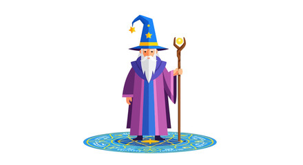 A cartoon illustration of a wizard standing on a magic circle casting a spell on white background