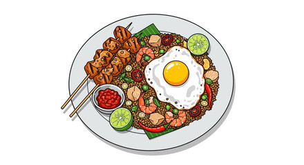 A delicious plate of nasi goreng complete with satay egg and fresh lime illustration