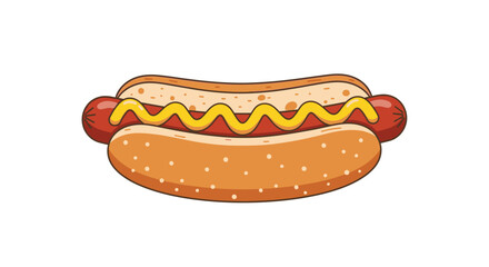 A delightful cartoon illustration of a hot dog with mustard on a white background