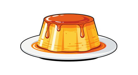 Delicious and sweet flan dessert with caramel sauce in cartoon vector illustration