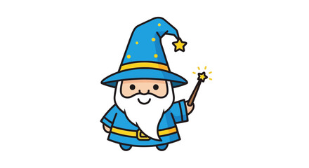 Charming cartoon wizard illustration with a pointy hat and magic wand on a white background