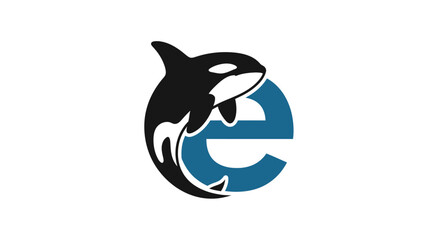 Creative logo design featuring a majestic orca embracing letter E in blue color scheme