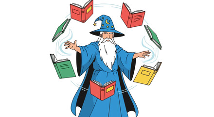Cartoon wizard juggling books in a playful and educational illustration for children