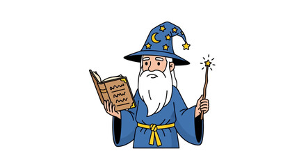 A cartoon wizard illustration reading a spellbook and holding a wand in hand casting magic