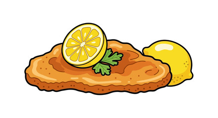 Delicious cartoon schnitzel with a lemon slice and parsley garnish on a white background