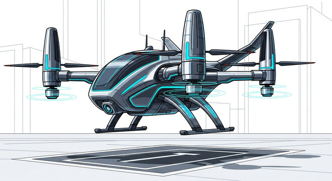 Pixel art illustration of a futuristic drone taking off, showcasing advanced transportation technology and innovative urban mobility solutions